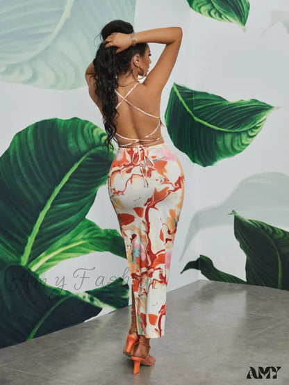 Amy Fashion - Tie Dye Lace Up Backless Split Thigh Dress