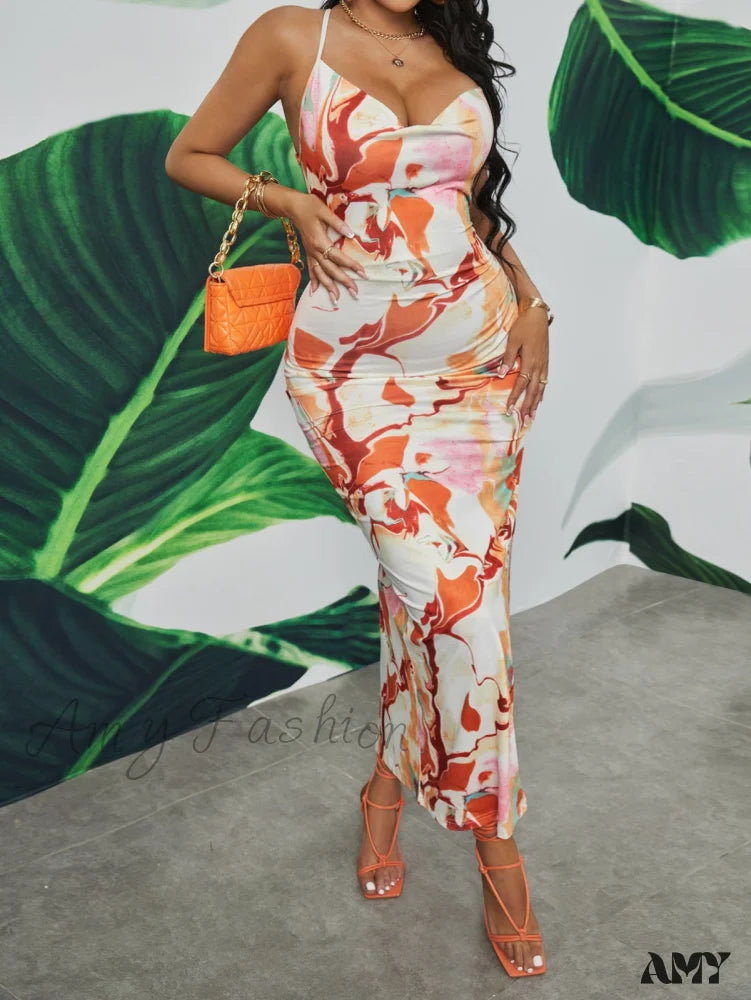 Amy Fashion - Tie Dye Lace Up Backless Split Thigh Dress