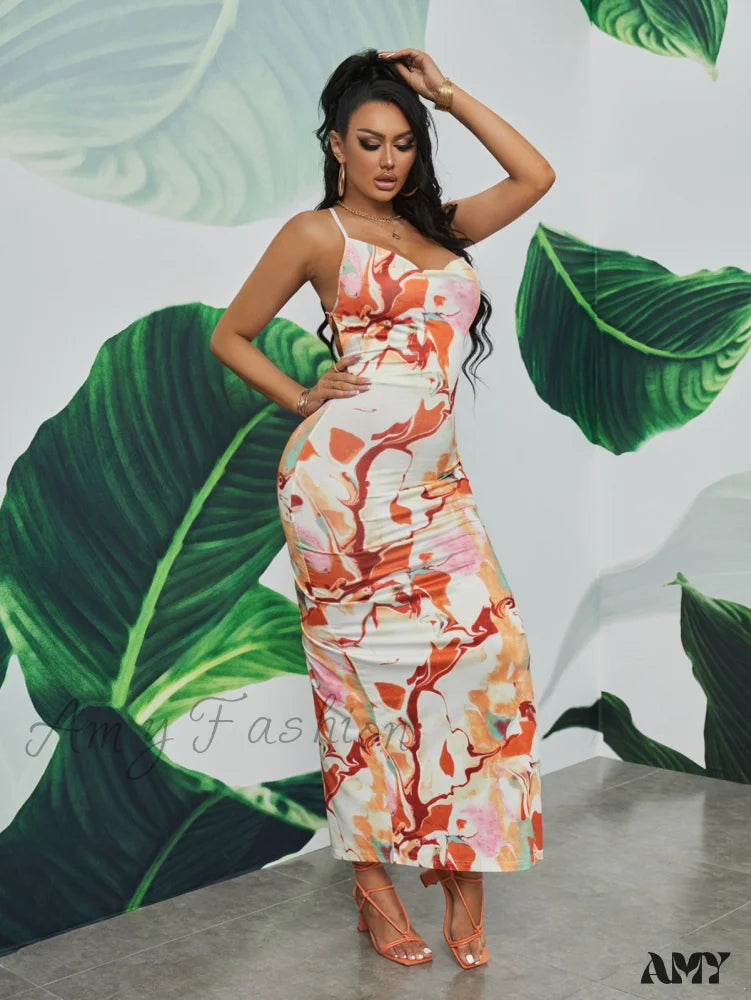 Amy Fashion - Tie Dye Lace Up Backless Split Thigh Dress