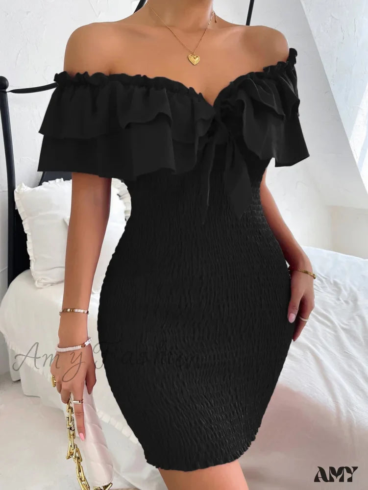 Amy Fashion - Tie Front Off Shoulder Ruffle Trim Shirred Bodycon Dress