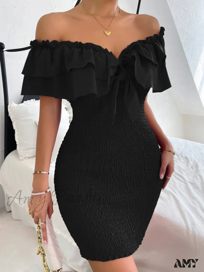 Amy Fashion - Tie Front Off Shoulder Ruffle Trim Shirred Bodycon Dress