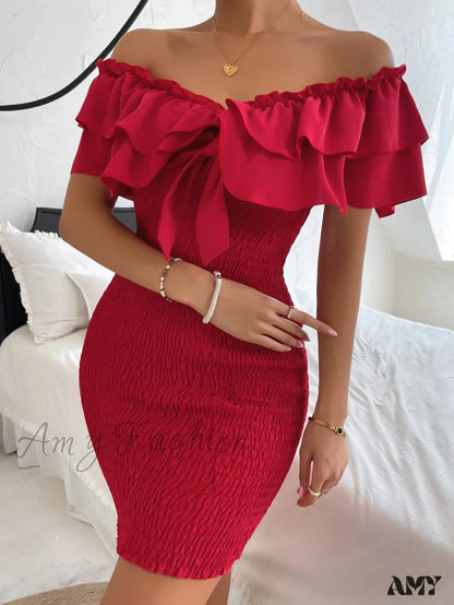 Amy Fashion - Tie Front Off Shoulder Ruffle Trim Shirred Bodycon Dress
