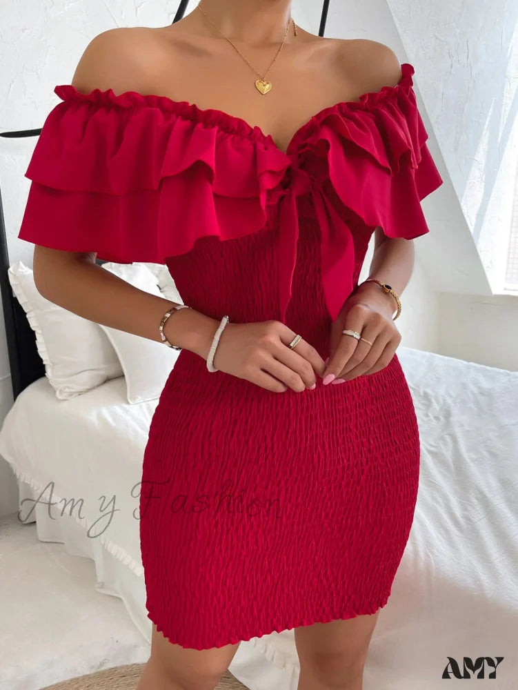 Amy Fashion - Tie Front Off Shoulder Ruffle Trim Shirred Bodycon Dress