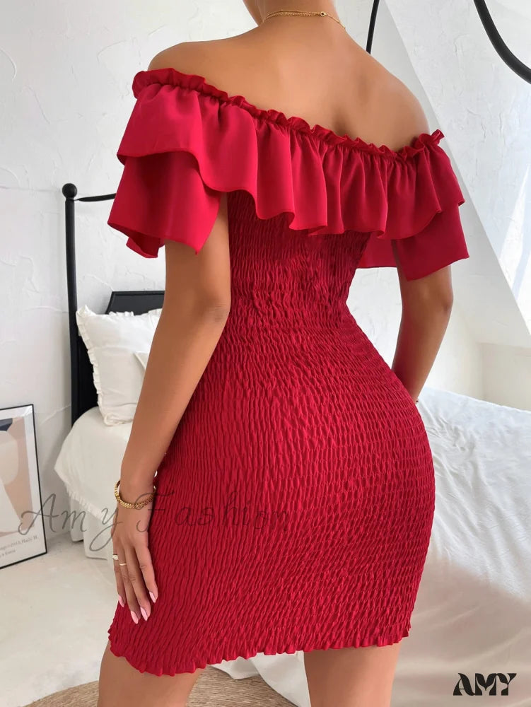 Amy Fashion - Tie Front Off Shoulder Ruffle Trim Shirred Bodycon Dress