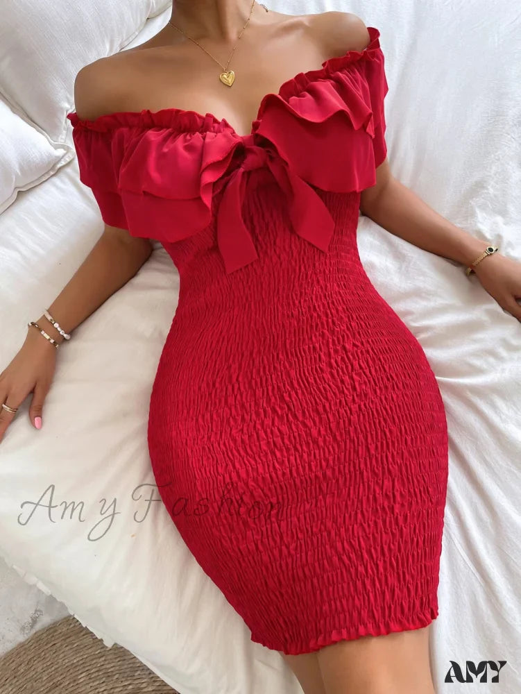 Amy Fashion - Tie Front Off Shoulder Ruffle Trim Shirred Bodycon Dress