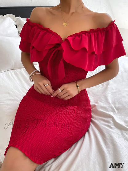 Amy Fashion - Tie Front Off Shoulder Ruffle Trim Shirred Bodycon Dress