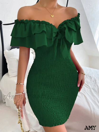 Amy Fashion - Tie Front Off Shoulder Ruffle Trim Shirred Bodycon Dress