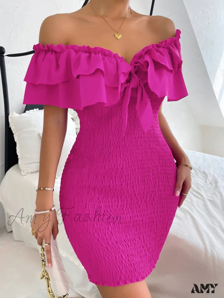 Amy Fashion - Tie Front Off Shoulder Ruffle Trim Shirred Bodycon Dress