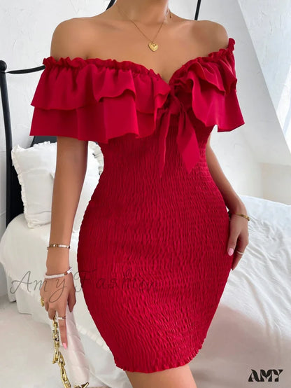 Amy Fashion - Tie Front Off Shoulder Ruffle Trim Shirred Bodycon Dress