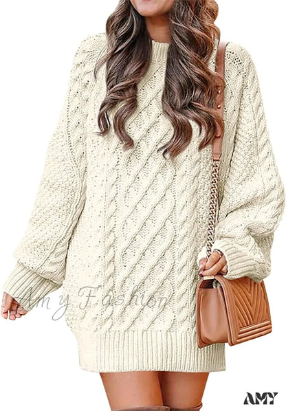 Amy Fashion - Women Long Sleeve Oversized Cable Knit Sweater Dress