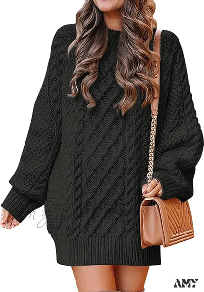 Amy Fashion - Women Long Sleeve Oversized Cable Knit Sweater Dress