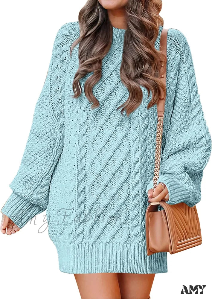 Amy Fashion - Women Long Sleeve Oversized Cable Knit Sweater Dress