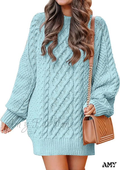 Amy Fashion - Women Long Sleeve Oversized Cable Knit Sweater Dress