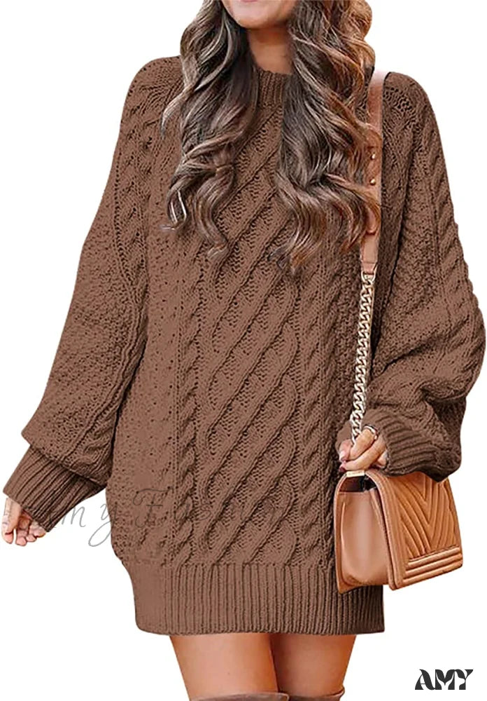 Amy Fashion - Women Long Sleeve Oversized Cable Knit Sweater Dress
