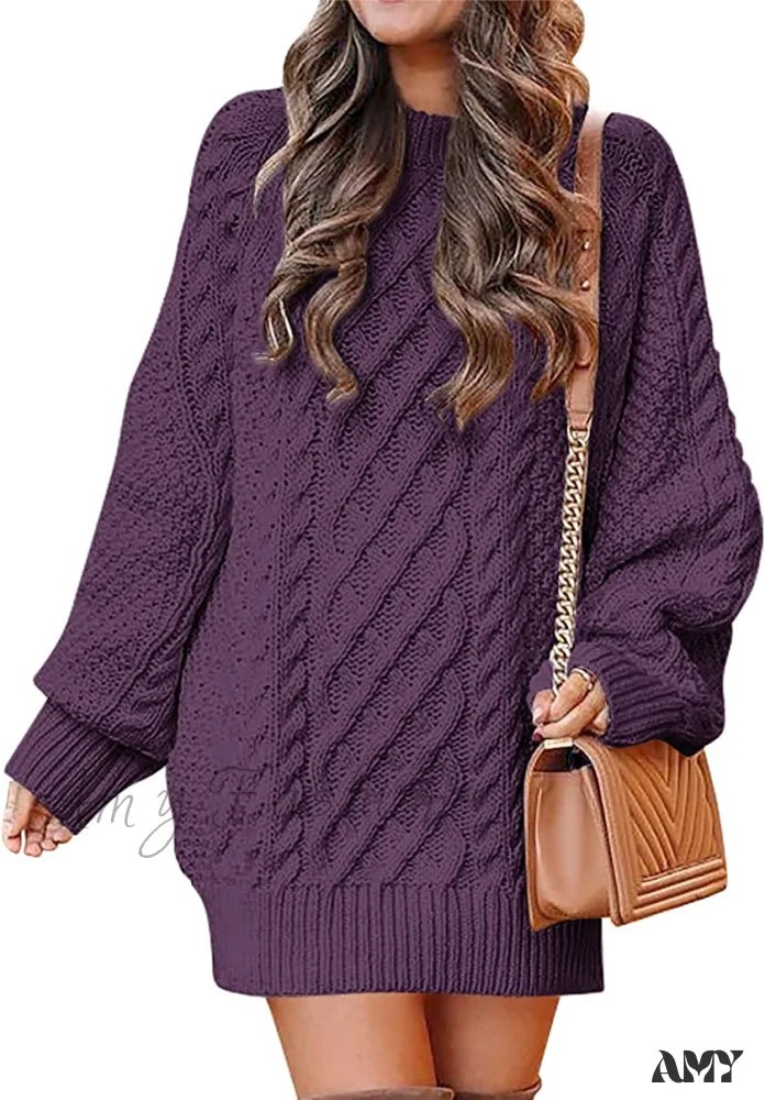 Amy Fashion - Women Long Sleeve Oversized Cable Knit Sweater Dress