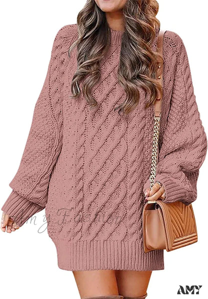 Amy Fashion - Women Long Sleeve Oversized Cable Knit Sweater Dress