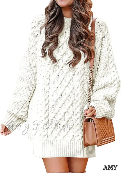Amy Fashion - Women Long Sleeve Oversized Cable Knit Sweater Dress