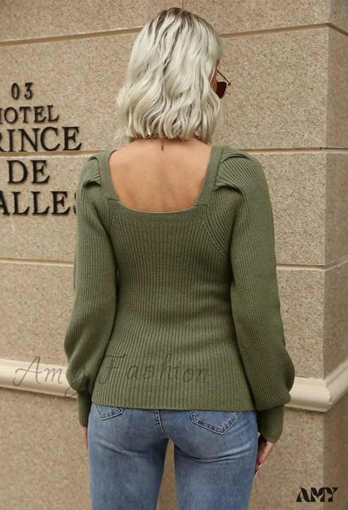 Amy Fashion - Women's Square Neck Long Lantern Sleeve Sweater