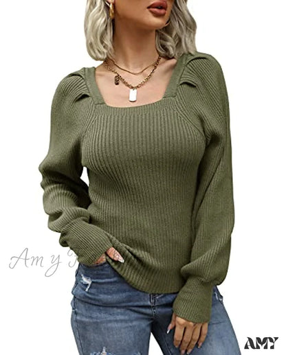 Amy Fashion - Women's Square Neck Long Lantern Sleeve Sweater