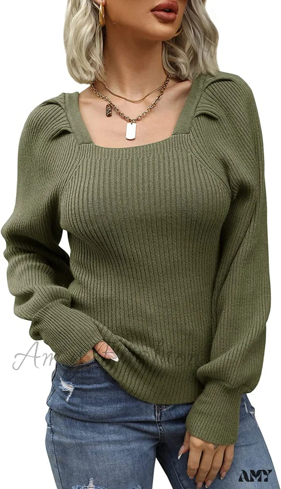 Amy Fashion - Women's Square Neck Long Lantern Sleeve Sweater