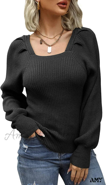 Amy Fashion - Women's Square Neck Long Lantern Sleeve Sweater