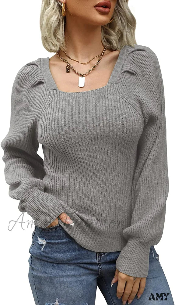 Amy Fashion - Women's Square Neck Long Lantern Sleeve Sweater