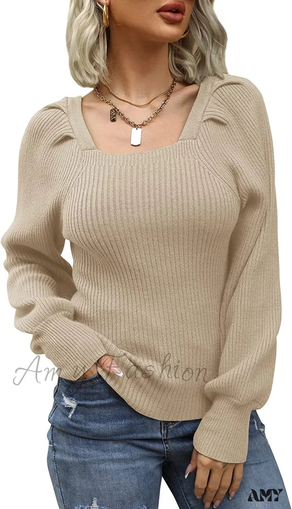 Amy Fashion - Women's Square Neck Long Lantern Sleeve Sweater