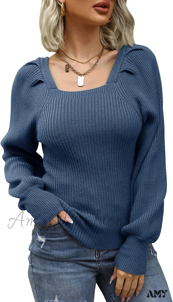 Amy Fashion - Women's Square Neck Long Lantern Sleeve Sweater