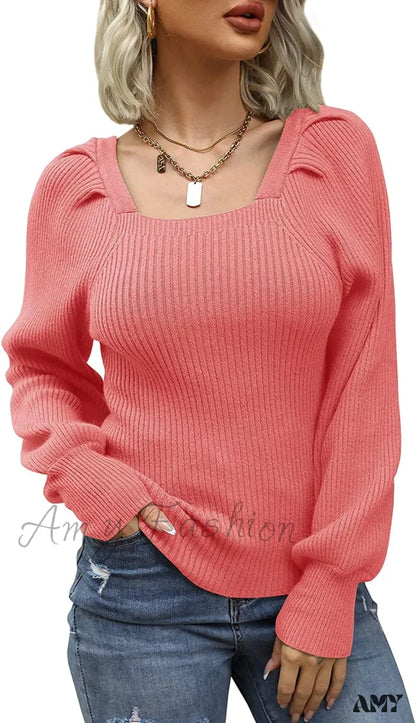 Amy Fashion - Women's Square Neck Long Lantern Sleeve Sweater