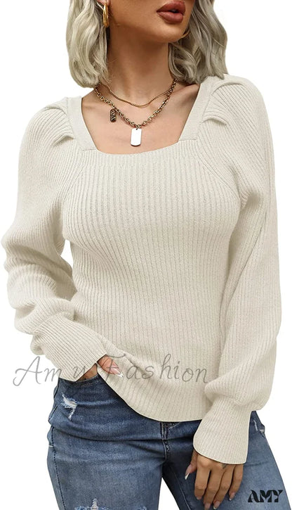 Amy Fashion - Women's Square Neck Long Lantern Sleeve Sweater