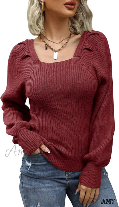 Amy Fashion - Women's Square Neck Long Lantern Sleeve Sweater