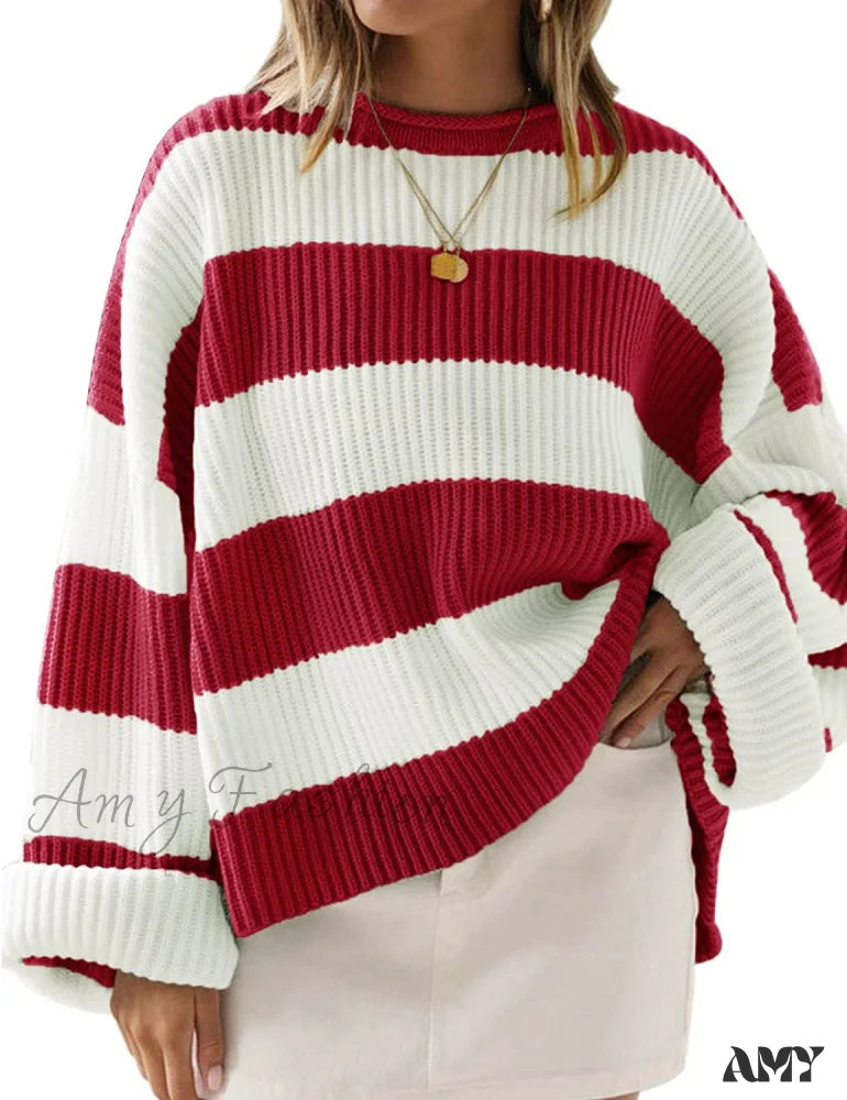 Amy Fashion - Women's Striped Color Comfy Knitted Sweater