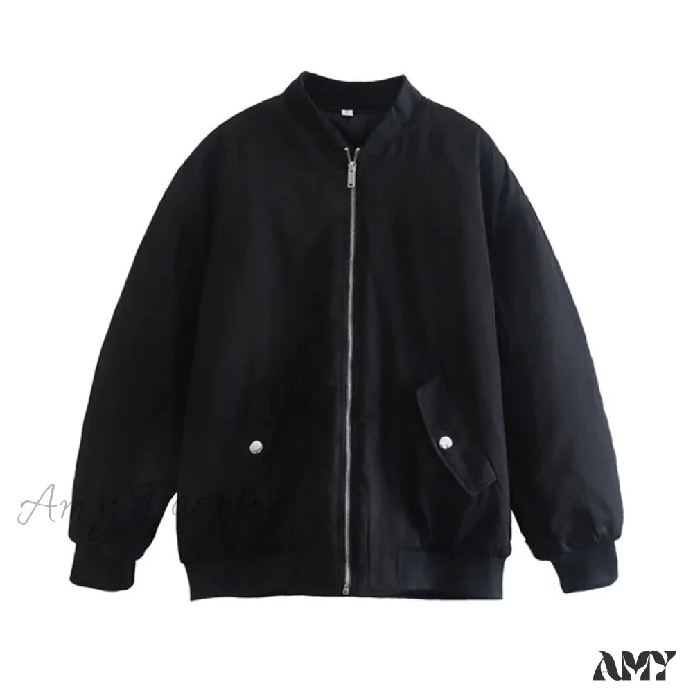 Amy Fashion - Fashion Zipper Loose Green Bomber Varsity Coat