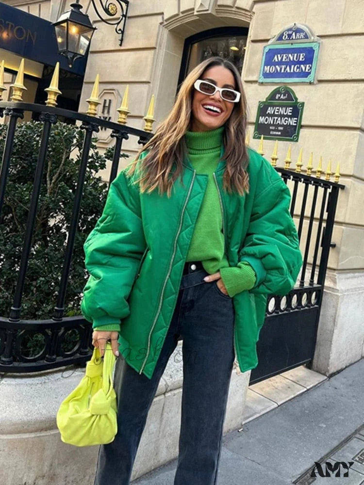 Amy Fashion - Fashion Zipper Loose Green Bomber Varsity Coat
