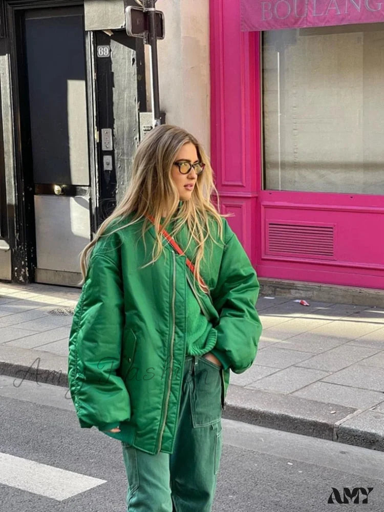 Amy Fashion - Fashion Zipper Loose Green Bomber Varsity Coat