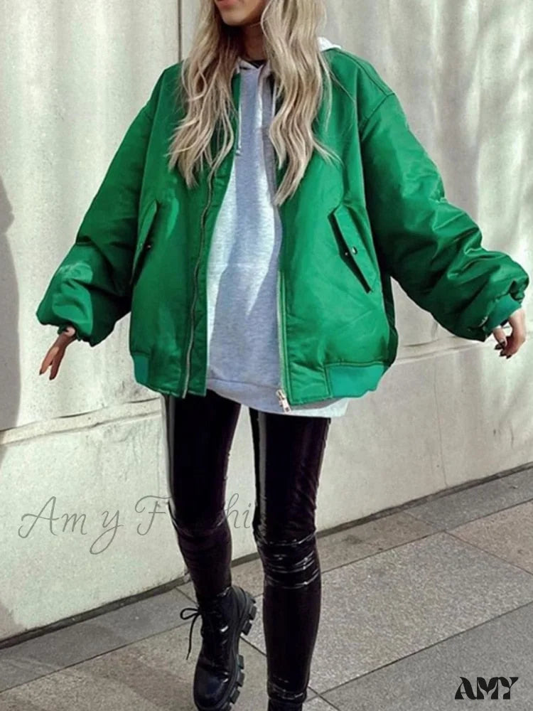 Amy Fashion - Fashion Zipper Loose Green Bomber Varsity Coat