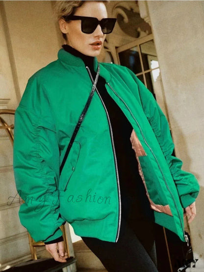 Amy Fashion - Fashion Zipper Loose Green Bomber Varsity Coat