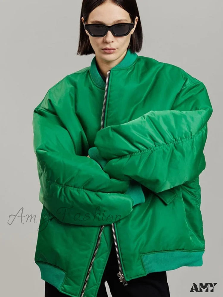Amy Fashion - Fashion Zipper Loose Green Bomber Varsity Coat