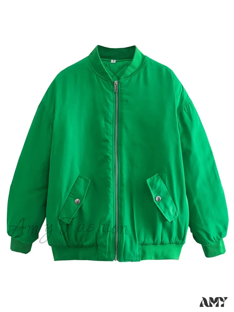 Amy Fashion - Fashion Zipper Loose Green Bomber Varsity Coat