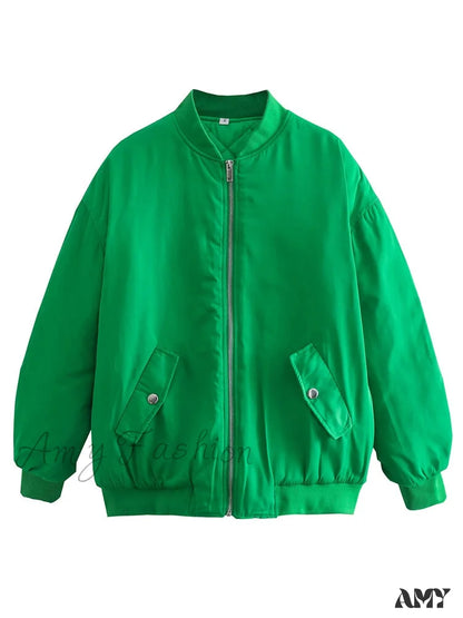 Amy Fashion - Fashion Zipper Loose Green Bomber Varsity Coat