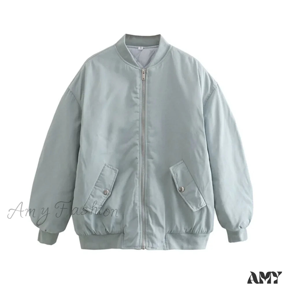Amy Fashion - Fashion Zipper Loose Green Bomber Varsity Coat