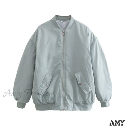 Amy Fashion - Fashion Zipper Loose Green Bomber Varsity Coat