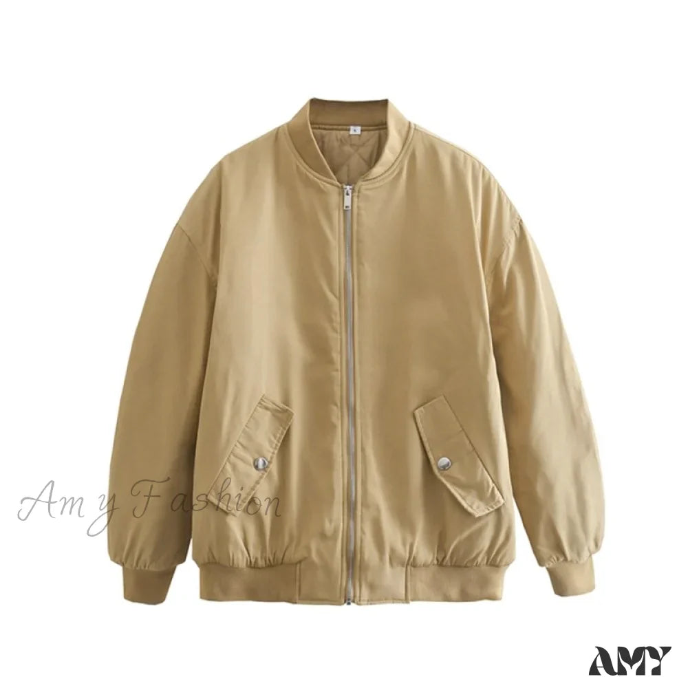 Amy Fashion - Fashion Zipper Loose Green Bomber Varsity Coat