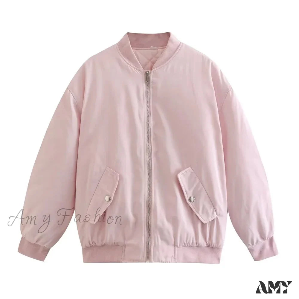 Amy Fashion - Fashion Zipper Loose Green Bomber Varsity Coat
