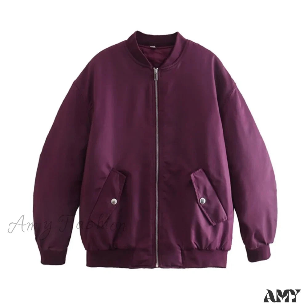Amy Fashion - Fashion Zipper Loose Green Bomber Varsity Coat