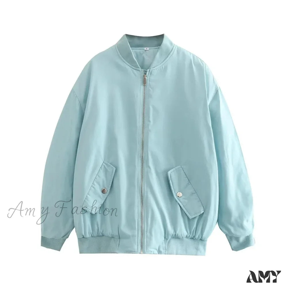 Amy Fashion - Fashion Zipper Loose Green Bomber Varsity Coat