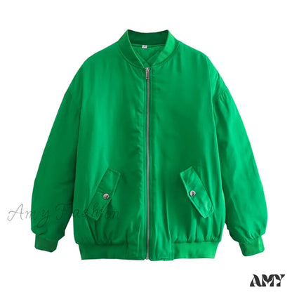 Amy Fashion - Fashion Zipper Loose Green Bomber Varsity Coat
