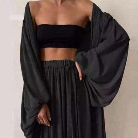 KittenAlarm - Ana Bandeau Top & Oversize Pants With Puff Sleeve Robe