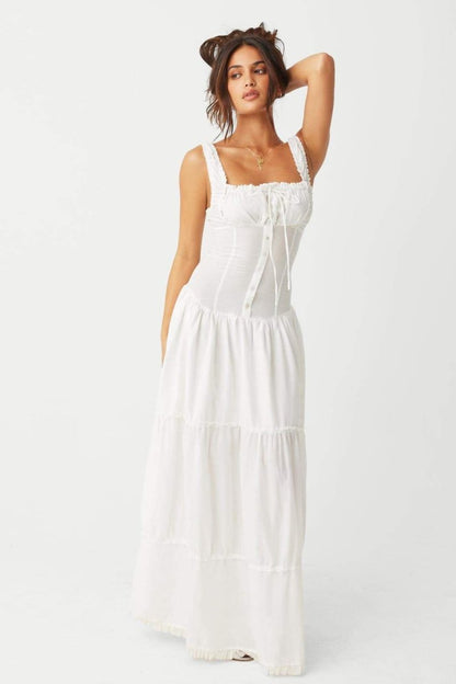 Square Neck Ruched Bow Tiered Wide Strap Maxi Dress