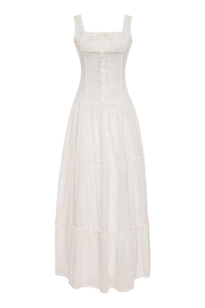 Square Neck Ruched Bow Tiered Wide Strap Maxi Dress
